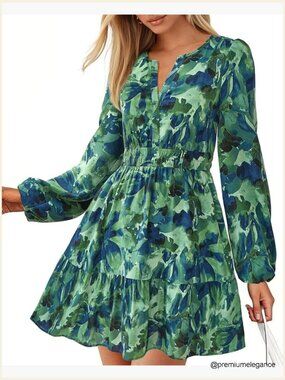 Long Sleeve Mini Dress with Pockets, Elastic Waist, V-Neck, Floral Pattern